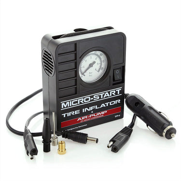 Antigravity tire inflator kit with included needle tip, plastic tip, and power cables